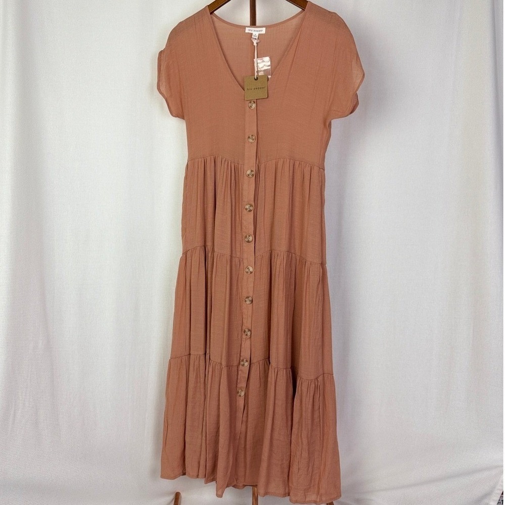 Blu Pepper Women's Tiered Button Front Midi Dress - Casual Summer Sundress Sz S